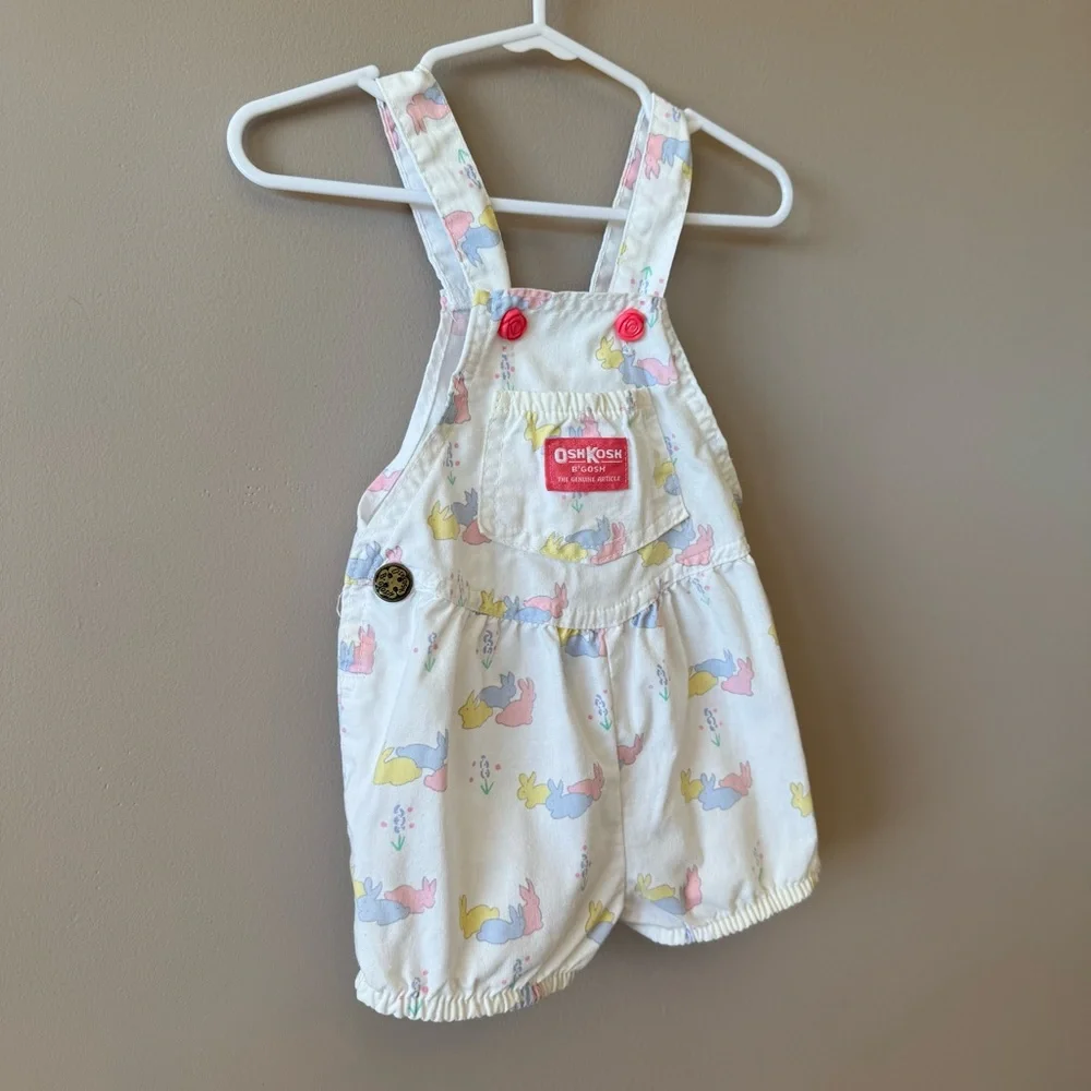 Vintage Osh‎ Kosh B’Gosh Baby Bunny Rabbit Print Short Overalls 12 months